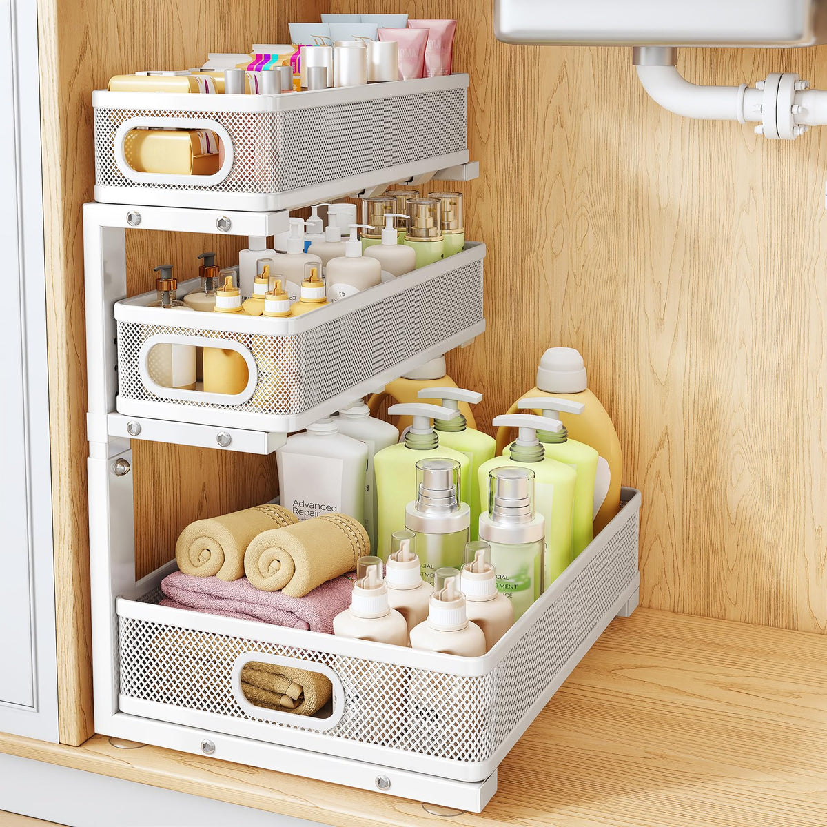Under Sink Organizer, 3-Tier Thickened Metal Pull out Cabinet Organizer Shelf, Height Adjustable Slide out Storage Drawer Rack for Kitchen Bathroom Pantry Laundry Home Organization, 2-Pack, Black