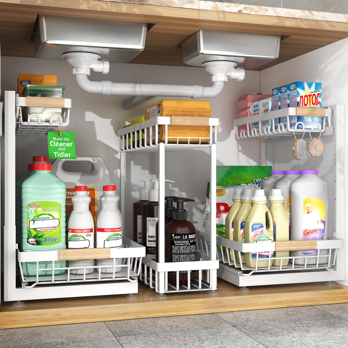 Sevenblue 3-Pack 2-Tier Height Adjustable Under Sink Organizer, Black