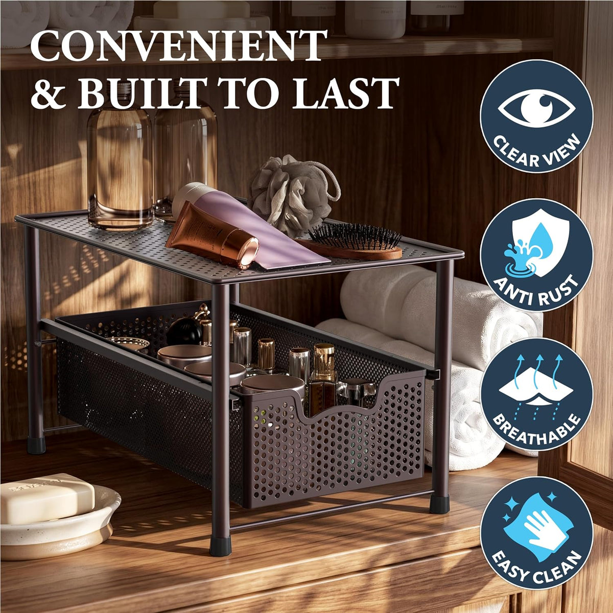 Simple Houseware Stackable Under Sink Sliding Basket Drawer, Brown
