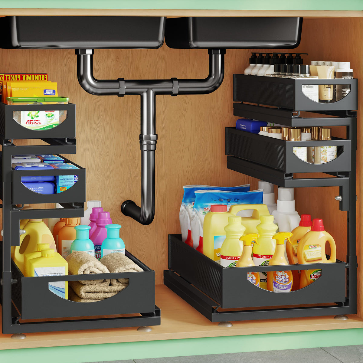 Under Sink Organizer, 2-Pack 3-Tier Pull Out Cabinet Organizers and Storage