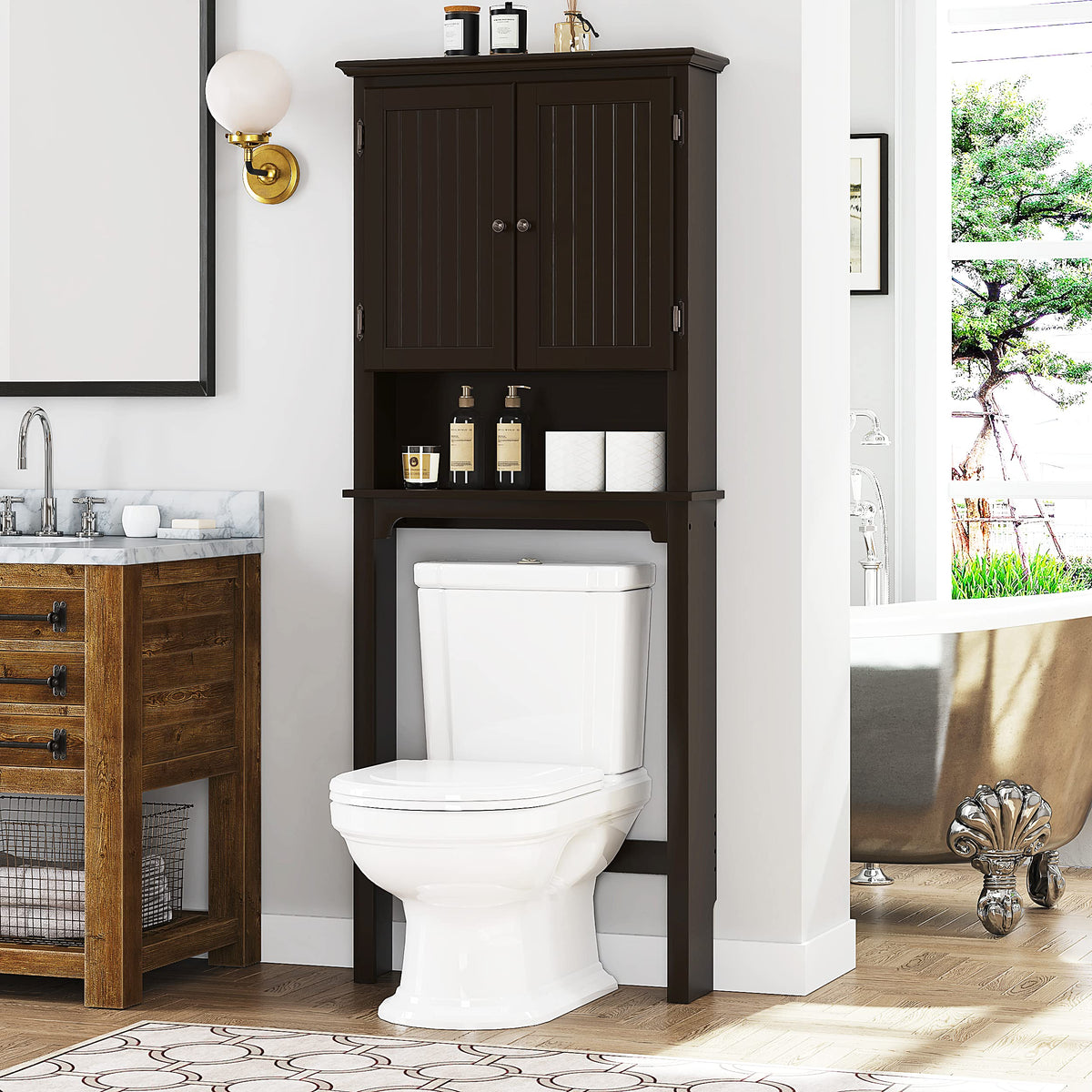 UTEX Over The Toilet Storage Cabinet, White Bathroom Organizer with Doors