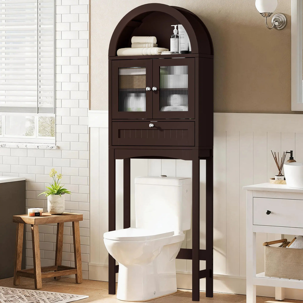 AHB Over-The-Toilet Raised Wall Cabinet - Farmhouse Compact Multifunctional Storage Cabinet with Elegant Arched Design, Adjustable Shelf, Bathroom Storage Organizer,dorm essentials,home decor, #SohoChic