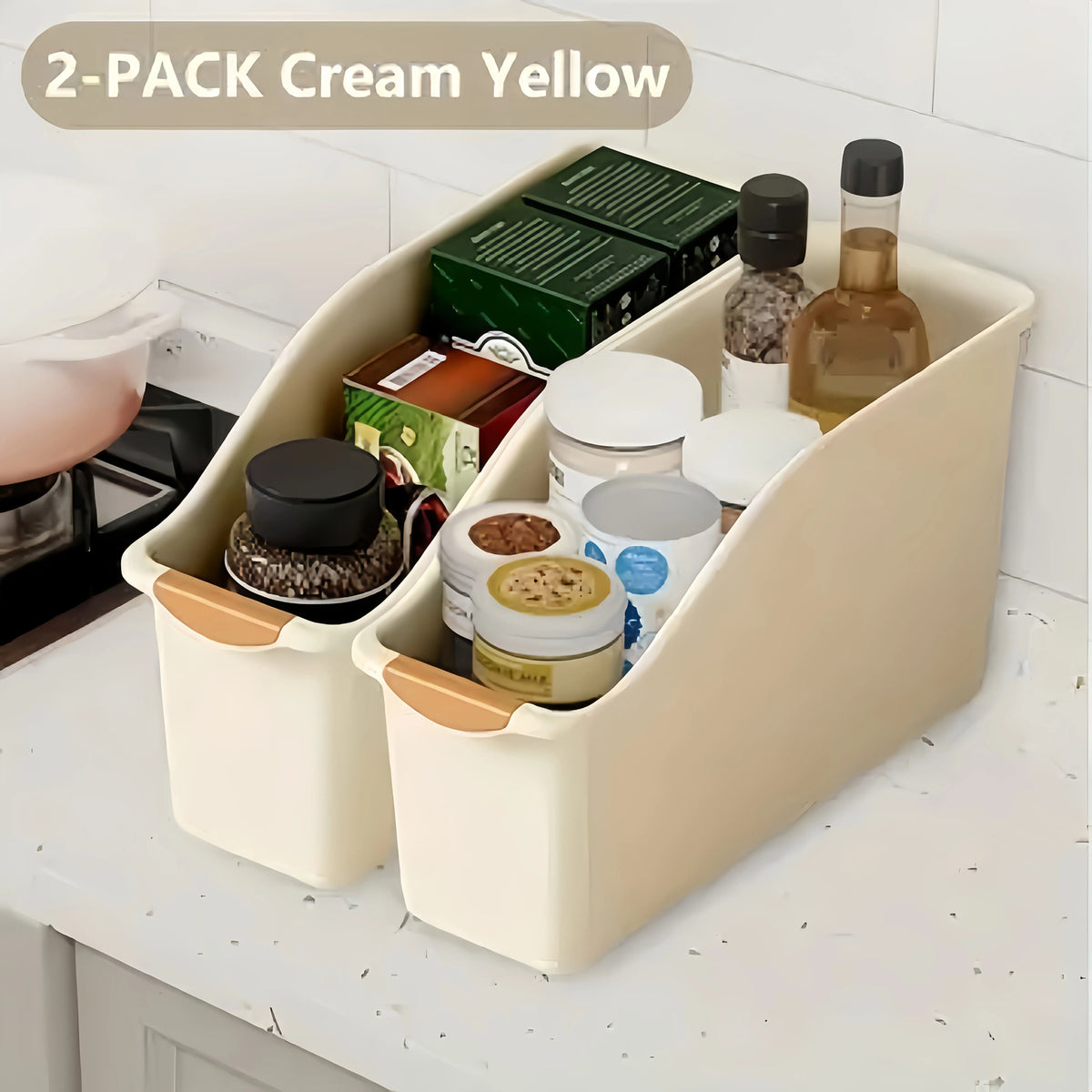 2 arc-shaped storage boxes, heavy-duty plastic organizer, white space-saving container, under-sink food cabinet storage, cleaning supplies, household essentials, kitchen and bathroom storage, no installation required