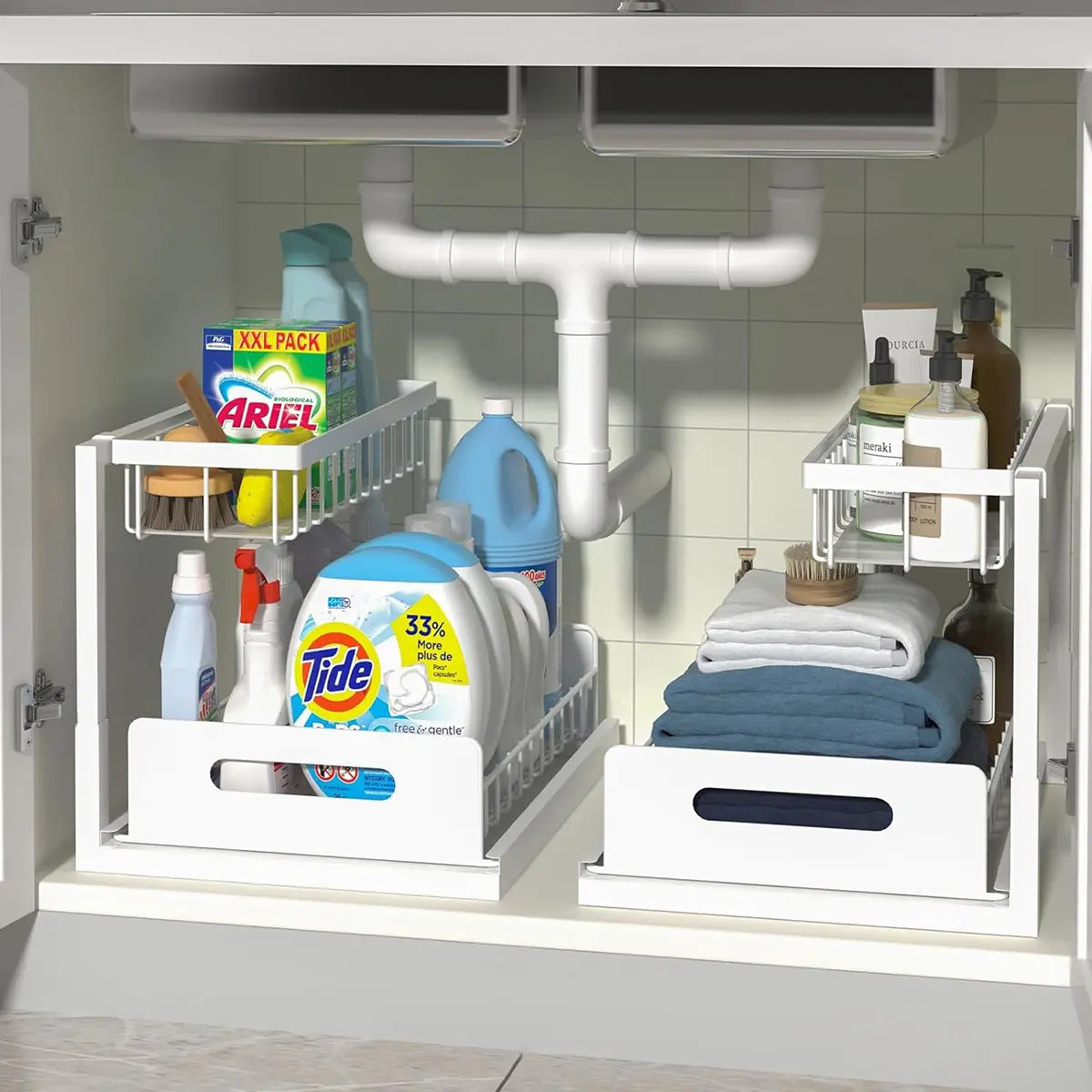 Under Sink Organizer, Pull Out Cabinet Organizer 2 Tier Slide Out Sink Shelf Cabinet Storage Shelves, Under Sink Storage for Kitchen Bathroom Cabine