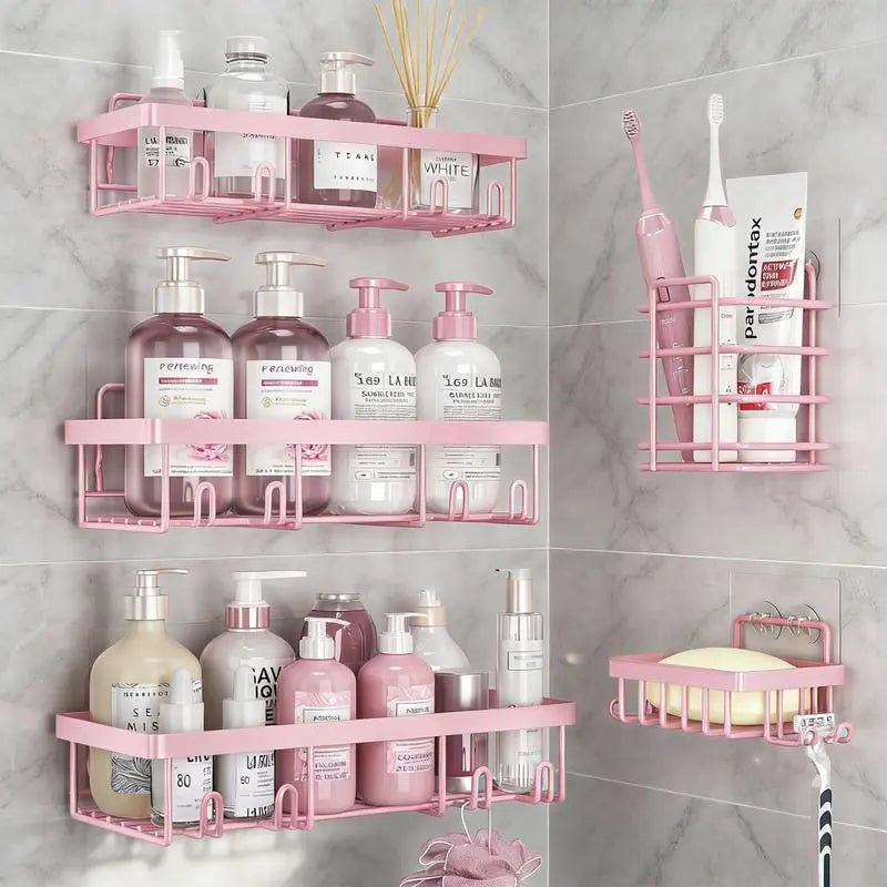 Pink Iron No-Drill Wall-Mount Bathroom Organizer Storage Set, 2026 New Year Gift Home Essential, Triangular Shelf with Toiletries Holders & Suction Cup Shower Organizer