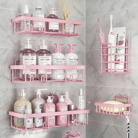 Pink Iron No-Drill Wall-Mount Bathroom Organizer Storage Set, 2026 New Year Gift Home Essential, Triangular Shelf with Toiletries Holders & Suction Cup Shower Organizer