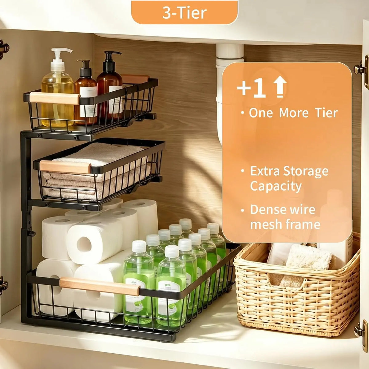 3 Tier Grid Pull Out Under Sink Organizer Black 1 Pack | Heavy duty grid pull out organizer with reinforced structure for storing cleaning supplies under sink and cabinet spaces