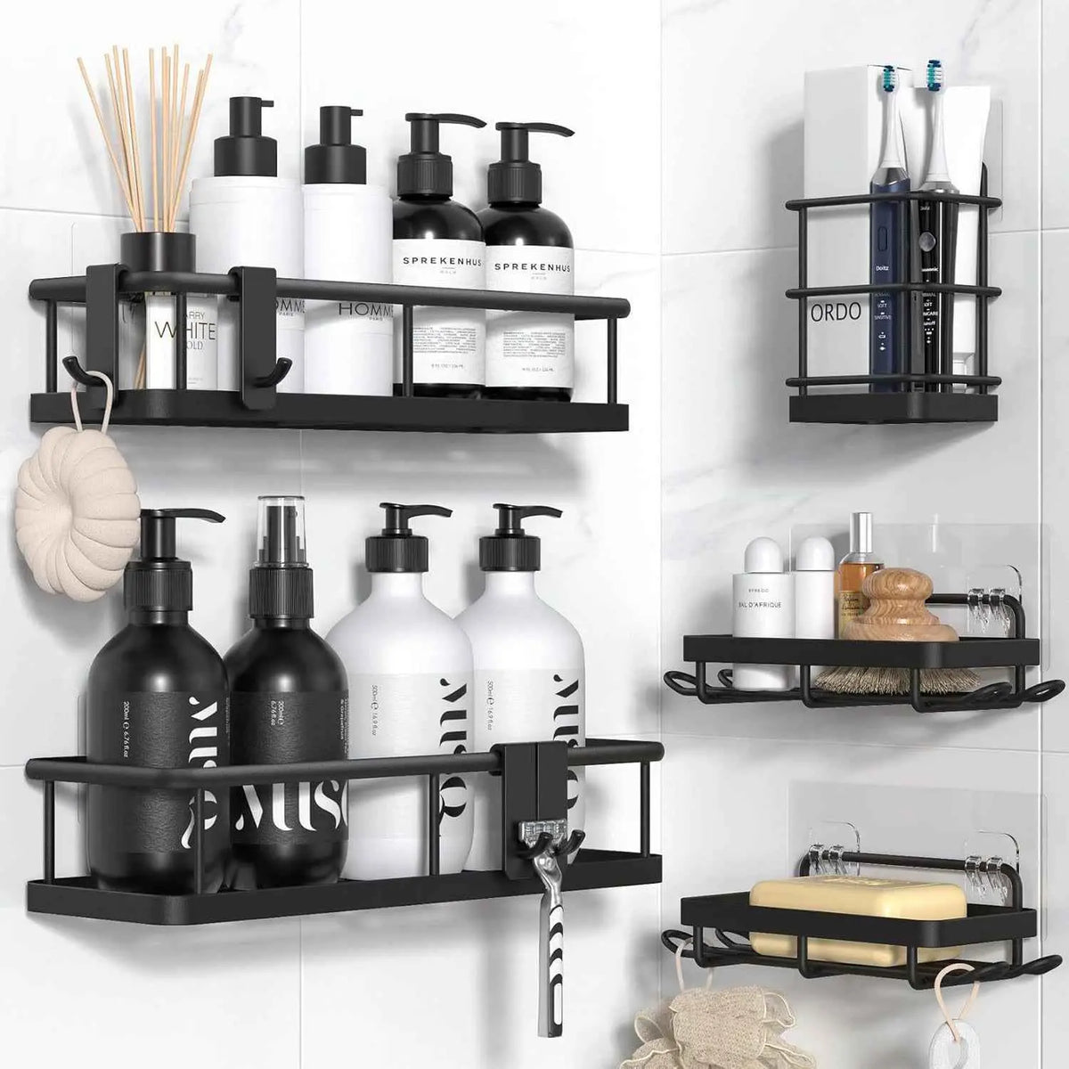 Jabukosu Matte Gold Rust-Proof Stainless Steel Bathroom Organizer Rack Set - 5-Pack & 1-Pack Wall-Mounted Shower Caddies, Waterproof Adhesive No-Drilling Holders for Shampoo, Soap, Shower Storage, Bathroom Shelf