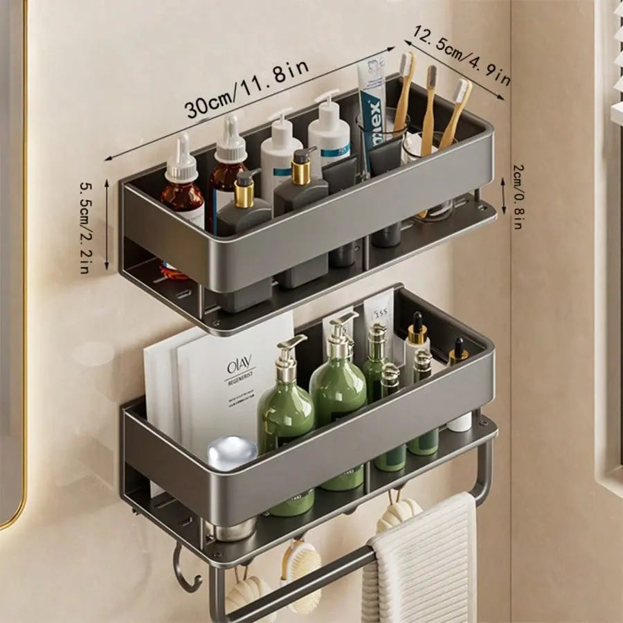 No-Drill Wall Mounted Bathroom Shelf Organizer with Towel Rod, Hooks for Shower, Toiletries Storage