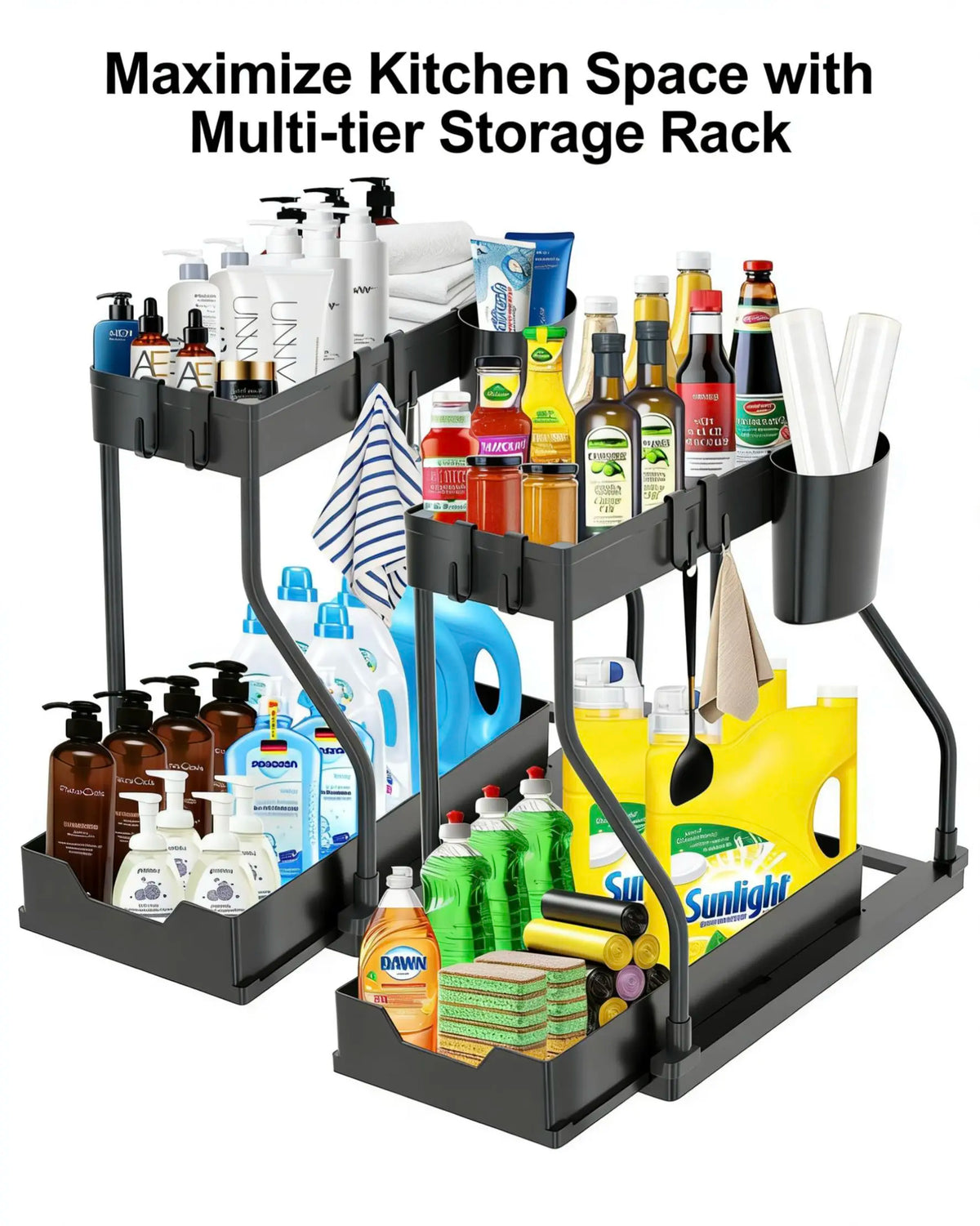 2-Tier Under-Sink Pull-Out Storage Organizer, Sliding Cabinet Shelf with Hanging Cup Holder, Space-Saving Rack for Kitchen, Bathroom