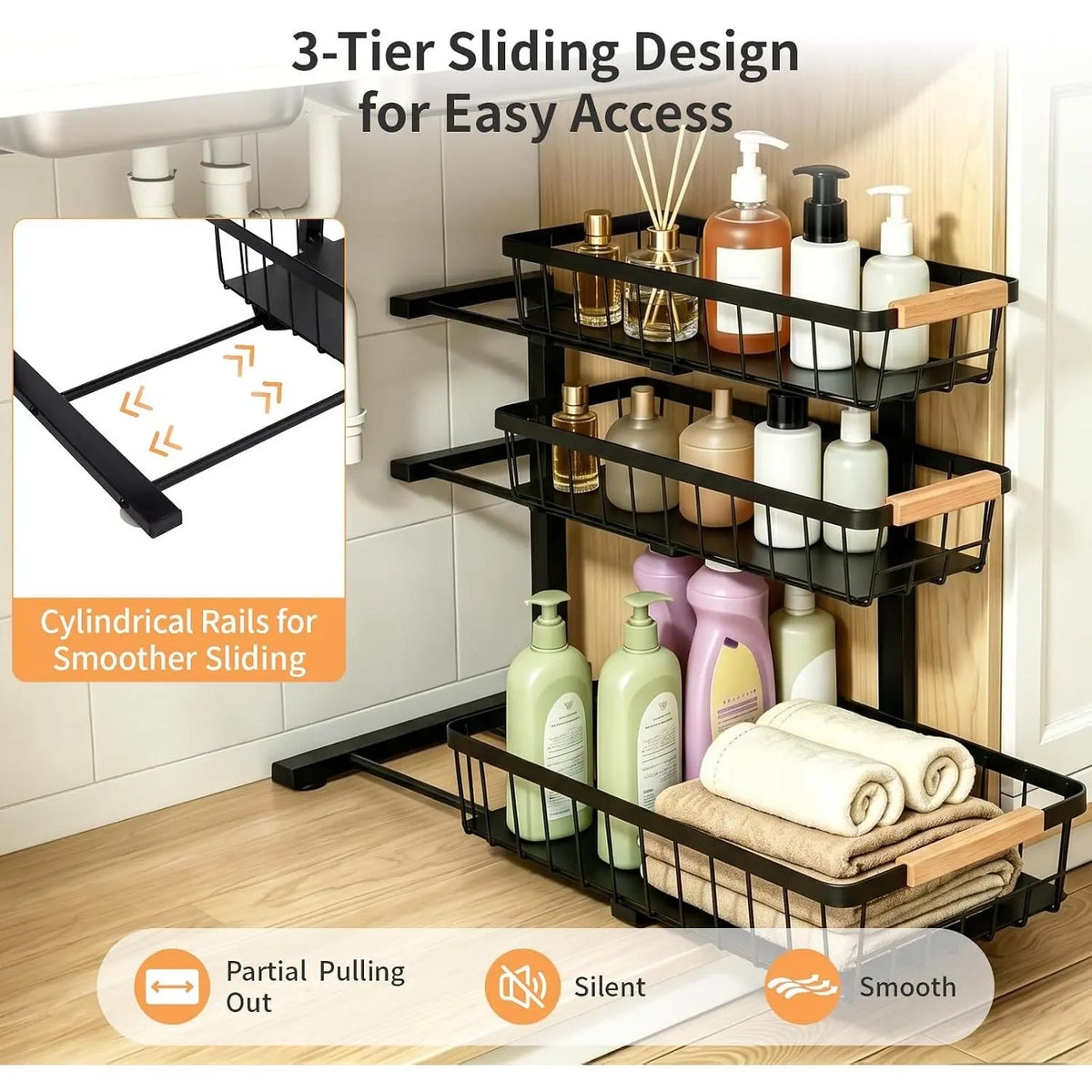 3 Tier Grid Pull Out Under Sink Organizer Black 1 Pack | Heavy duty grid pull out organizer with reinforced structure for storing cleaning supplies under sink and cabinet spaces