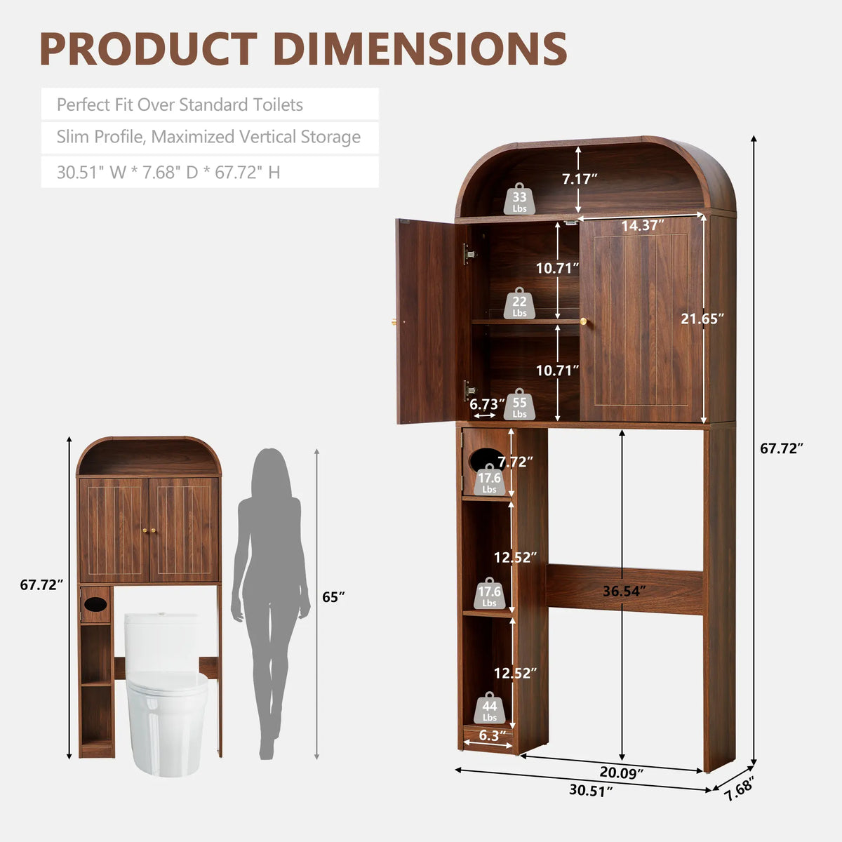 Giratree Arched Over The Toilet Storage Cabinet - 67" Tall Bathroom Above Toilet Organizer with Vertical Grooved Doors & Tissue Drawer - Freestanding Space Saver Rack, Anti-Toppling