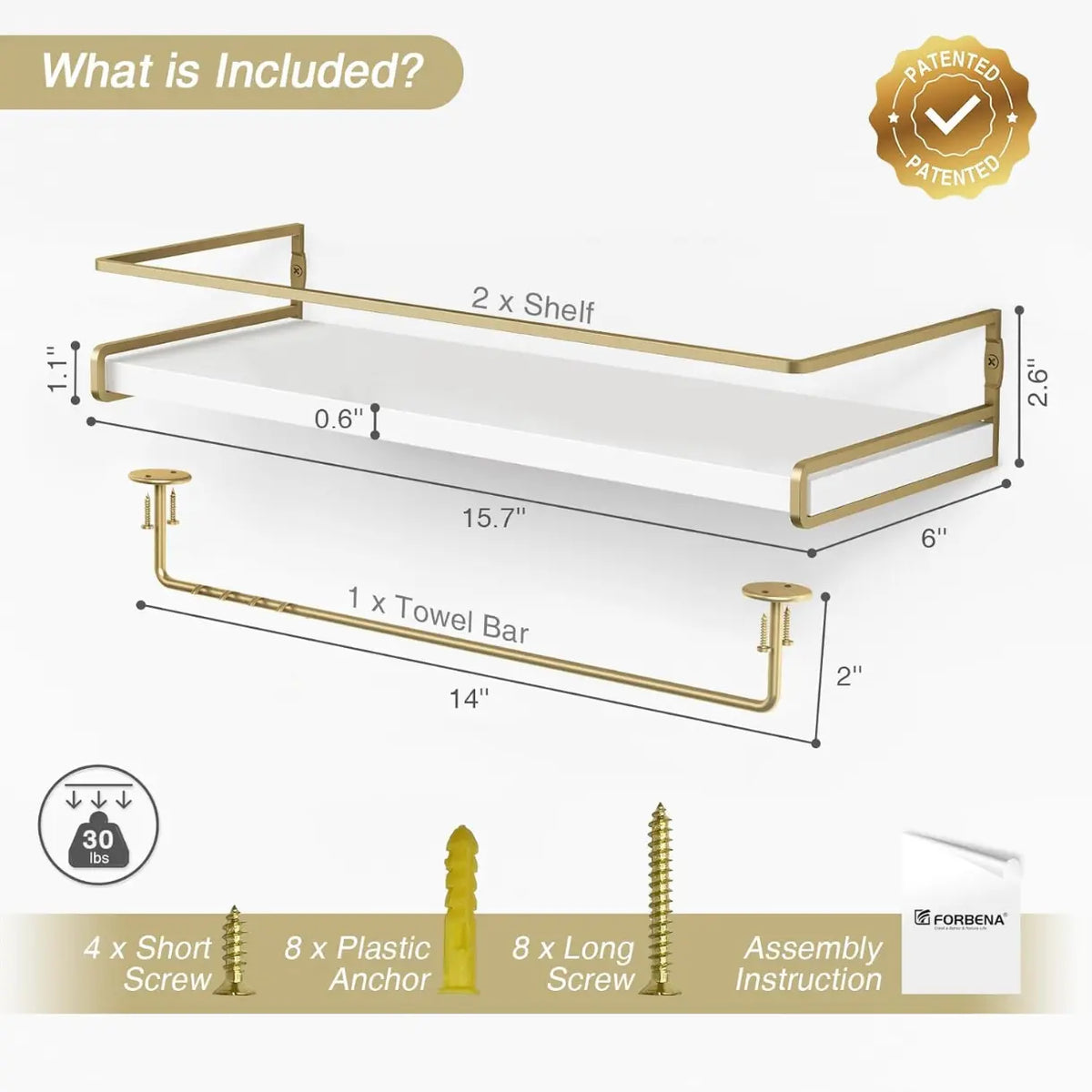 Floating Bathroom Shelves Wall Mounted, Aesthetic White and Gold Shelves for Bathroom Accessories, Modern Bathroom Organizer with Tower Bar for Wall Decor Storage Small Spaces, Set of 2