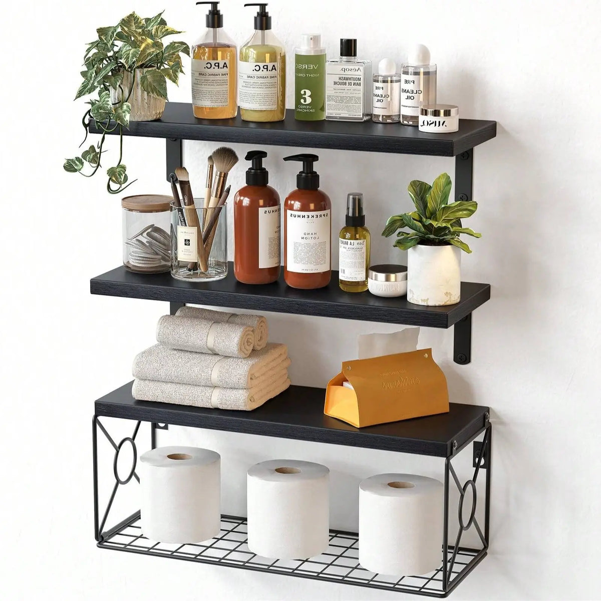 Wooden Wall-Mounted Floating Shelf Set of 3 with Wire Basket, Home Decor Bathroom Organizer Space Saver for Over Toilet, 16.5x6x5.5 In,sohochic