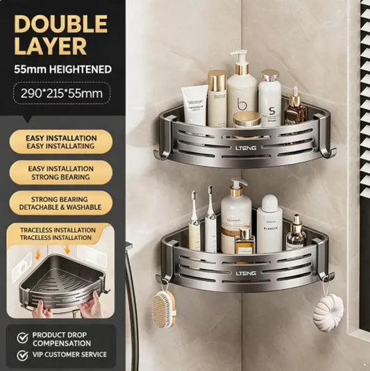 2-Pack No-Drill Bathroom Corner Caddy Shelf, Wall-Mounted Triangle Shower Organizer with Movable Hooks, Rust-Resistant Gunmetal Gray Aluminum Storage Rack for Shower & Bathroom