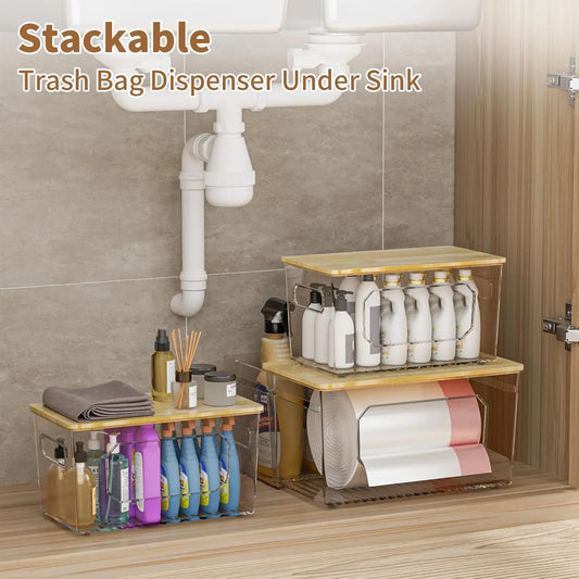 3-in-1 Acrylic Under Sink Trash Can Organizer with Bamboo Lid, Non-Foldable Nesting Stackable Pull-Out Basket for Kitchen Cleaning Supplies, Space-Saving Home Storage Bin with Lid