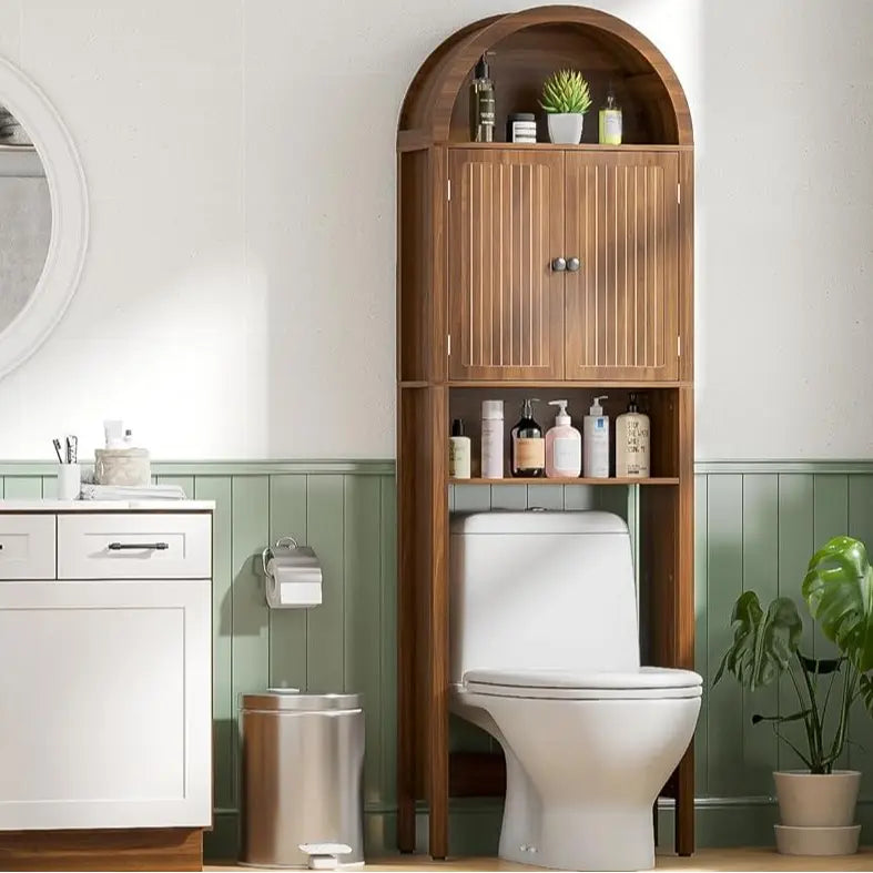 LUVIOHOME 4-Tier Mid-Century Modern Slim Narrow Elegant Arch Over-The-Toilet Cabinet - Fluted Regular Doors, Adjustable Shelf, Wood-Paneled Multi-Compartment Unit, Sturdy Space-Saving Small Space Bathroom Furniture, Home Decor, Bathroom Decor Ideas