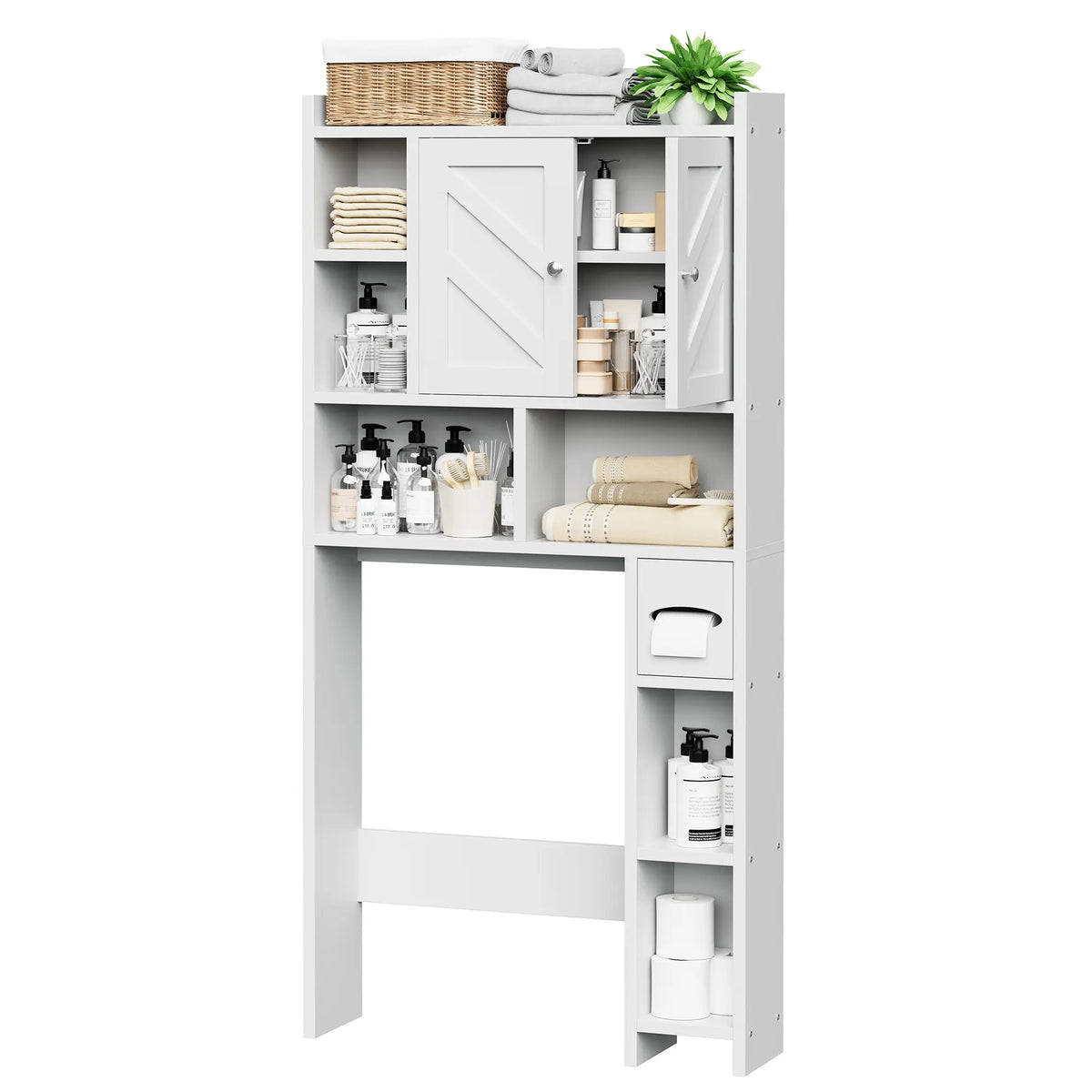 Walsunny Over The Toilet Storage Cabinet, Farmhouse Storage Cabinet with 2 Barn Door & Toilet Paper Holder Stand, Toilet Rack for Bathroom, Laundry Furniture Organizer, White