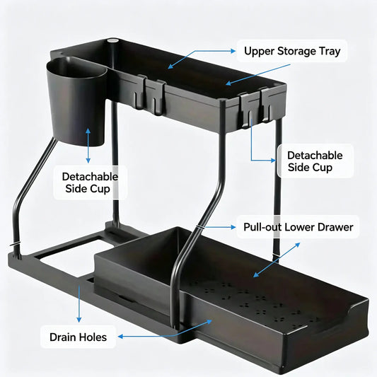 2-Tier Under-Sink Pull-Out Storage Organizer, Sliding Cabinet Shelf with Hanging Cup Holder, Space-Saving Rack for Kitchen, Bathroom