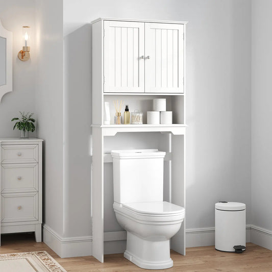 Over The Toilet Storage Cabinet - Freestanding Easy Install Bathroom Furniture with Double Doors, Adjustable Shelf