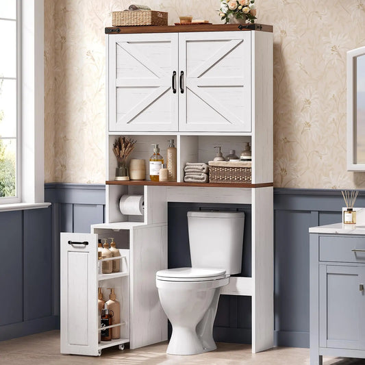 Over The Toilet Storage Cabinet with Pulley, Bathroom Storage Cabine with Adjustable Shelf and Open Shelf, Space-Saving Farmhouse Toilet Rack for Bathroom, Restroom, Laundry, White Brown