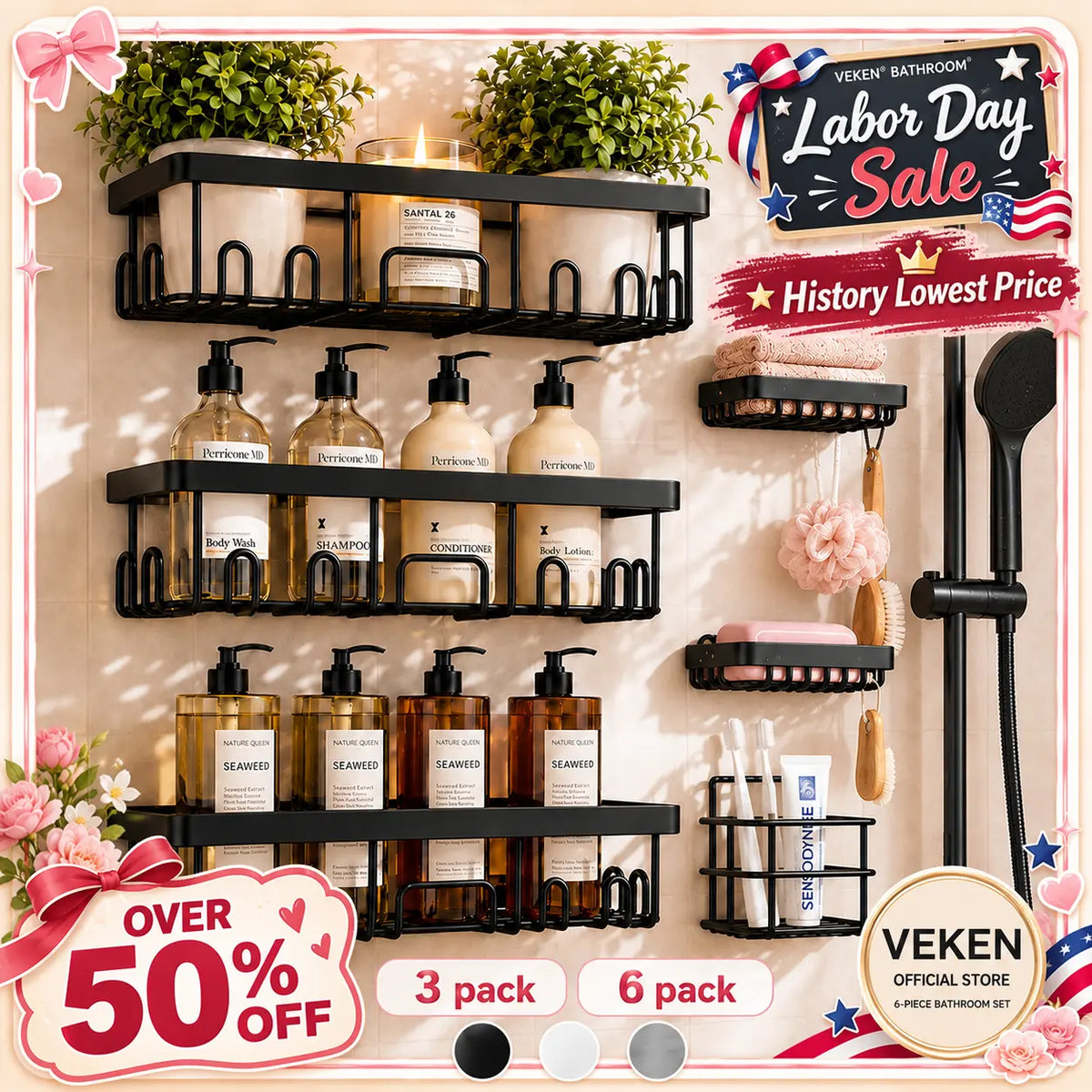 【Veken】 3/6-Pack Life-Changing Rustproof Shower Caddy, Effortless No-Drill Wall Shelves with Soap Holder, End Bathroom Clutter for Good, Multi-use Kitchen & Home Storage