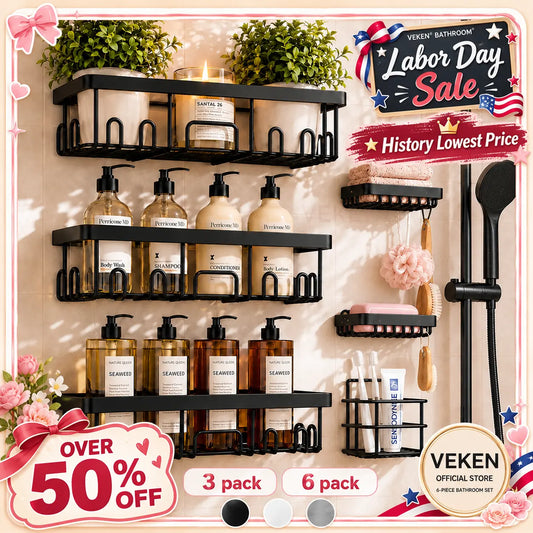 【Veken】 3/6-Pack Life-Changing Rustproof Shower Caddy, Effortless No-Drill Wall Shelves with Soap Holder, End Bathroom Clutter for Good, Multi-use Kitchen & Home Storage