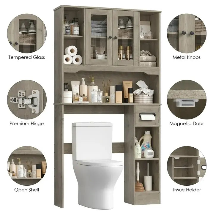 FOTOSOK Over The Toilet Storage Cabinet with Glass Doors & Built-in Tissue Holder, Space-Saving Bathroom Organizer Shelf for Bathroom and Laundry Room