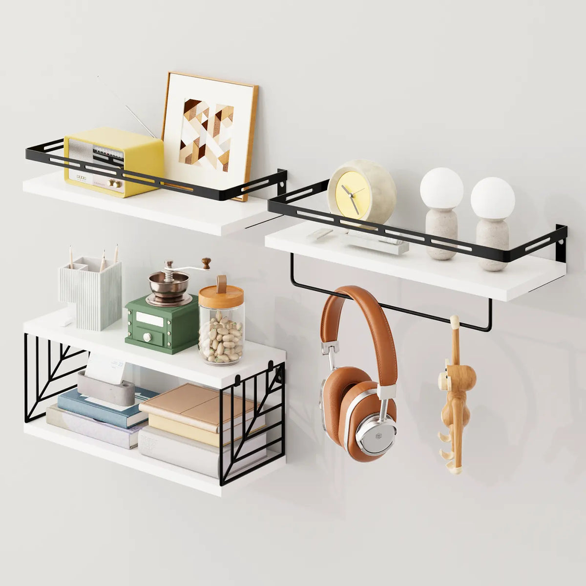 Fixwal Floating Shelves Wall Mounted Set - Bathroom & Bedroom Decor, with Black Metal Brackets, Toilet Paper Holder, Towel Bar & Hooks, sohochic style