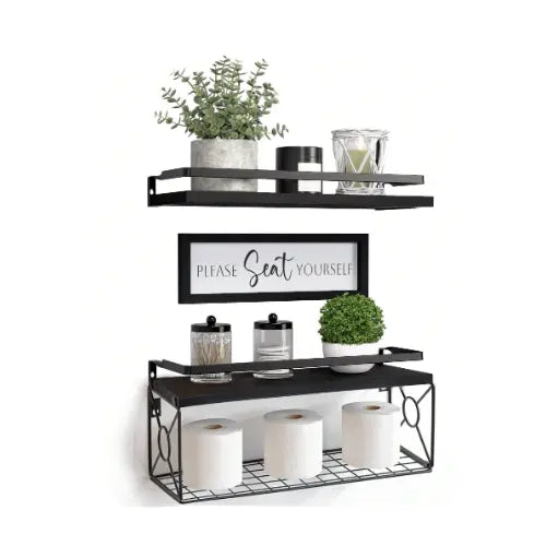 Wooden Wall-Mounted Floating Shelf Set of 3 with Wire Basket, Home Decor Bathroom Organizer Space Saver for Over Toilet, 16.5x6x5.5 In,sohochic