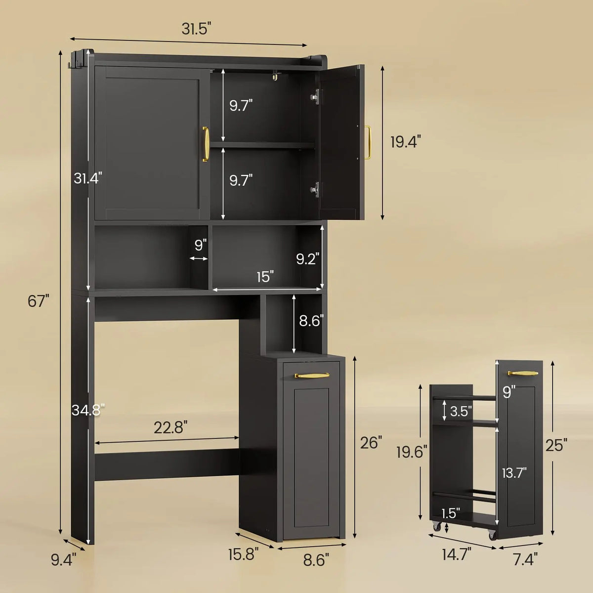Over The Toilet Storage Cabinet with Pulley Bathroom Storage Cabinet, Space Saver W/Adjustable Shelf & Open Shelf for Bathroom, Restroom, Laundry (Black)