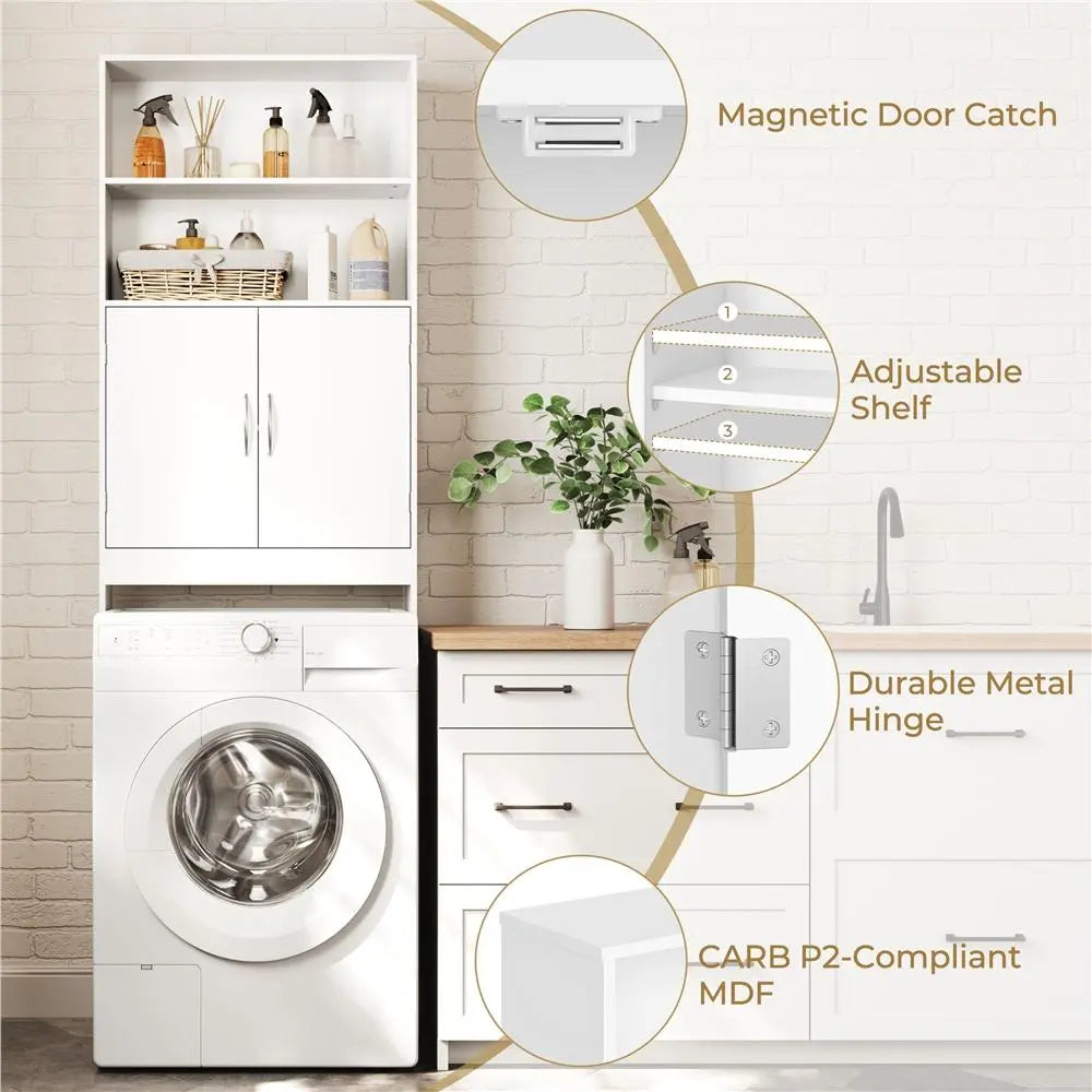 Costoffs 77" Tall Freestanding Over-the-Toilet Apartment Storage Cabinet, Efficient Bath Organizer with Adjustable Shelf, Double Doors to Hide Clutter from View, 2 Open Shelves - White, Easy Setup