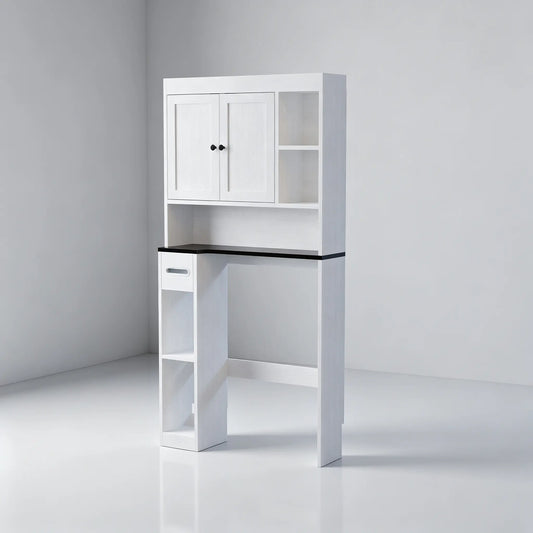 Over-the-Toilet Storage Cabinet, Freestanding Bathroom Organizer with Double Doors, Open Shelves, Adjustable Shelf & Toilet Paper Holder, White