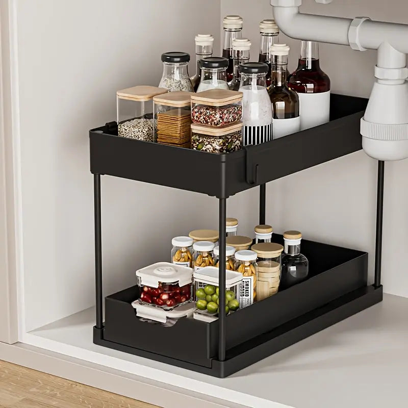 Waterproof Metal Under Sink Organizer, 12.8 in Pull-Out Slide-Out Drawer Shelf, Space-Saving Storage for Kitchen, Bathroom