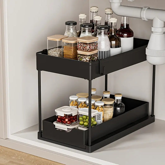 Waterproof Metal Under Sink Organizer, 12.8 in Pull-Out Slide-Out Drawer Shelf, Space-Saving Storage for Kitchen, Bathroom