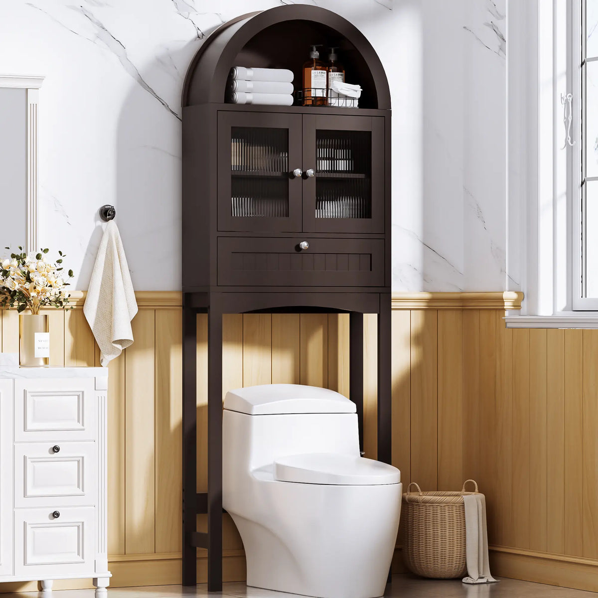 【Super Popular】Dragosum Over The Toilet Storage Cabinet, Arched Cabinet with Doors, Space-Saving Toilet Storage for Bathroom, Laundry, Mini Bar, Free standing Bathroom Organizer with Adjustable Shelf and Anti-Tip Device (Wood),#SohoChic