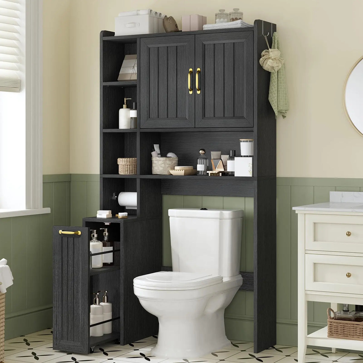 Over The Toilet Storage Cabinet with Pulley, Bathroom Storage Cabine with Adjustable Shelf and Open Shelf, Space-Saving Toilet Rack for Bathroom, Restroom, Laundry, Black