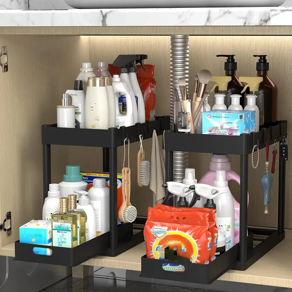 2Pack 2-Tier Under Sink Organizers with Sliding Drawers ,Multi-use Kitchen & Bathroom Storage, Black Cabinet Organizer, Space-saving Sliding Drawer Design