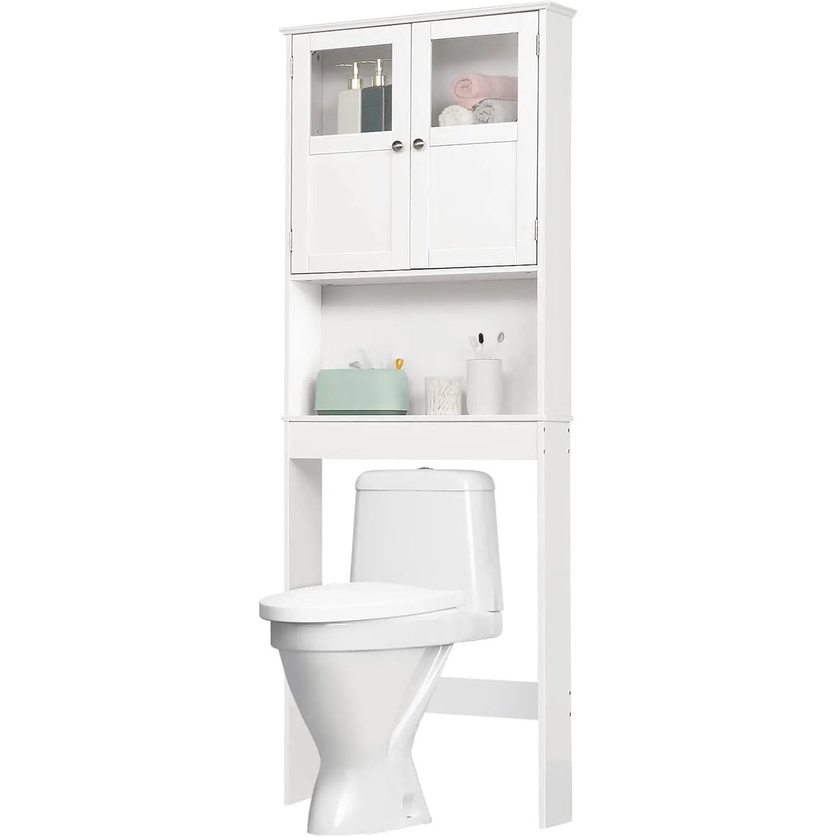 VINGLI Over-The-Toilet Multifunctional Storage Cabinet - 67" H Modern Rectangular Acrylic Space Saver, White Waterproof Indoor Cupboard with Adjustable Shelf, Double Regular Doors, Floor-Mount Apartment Furniture, Assembly Required