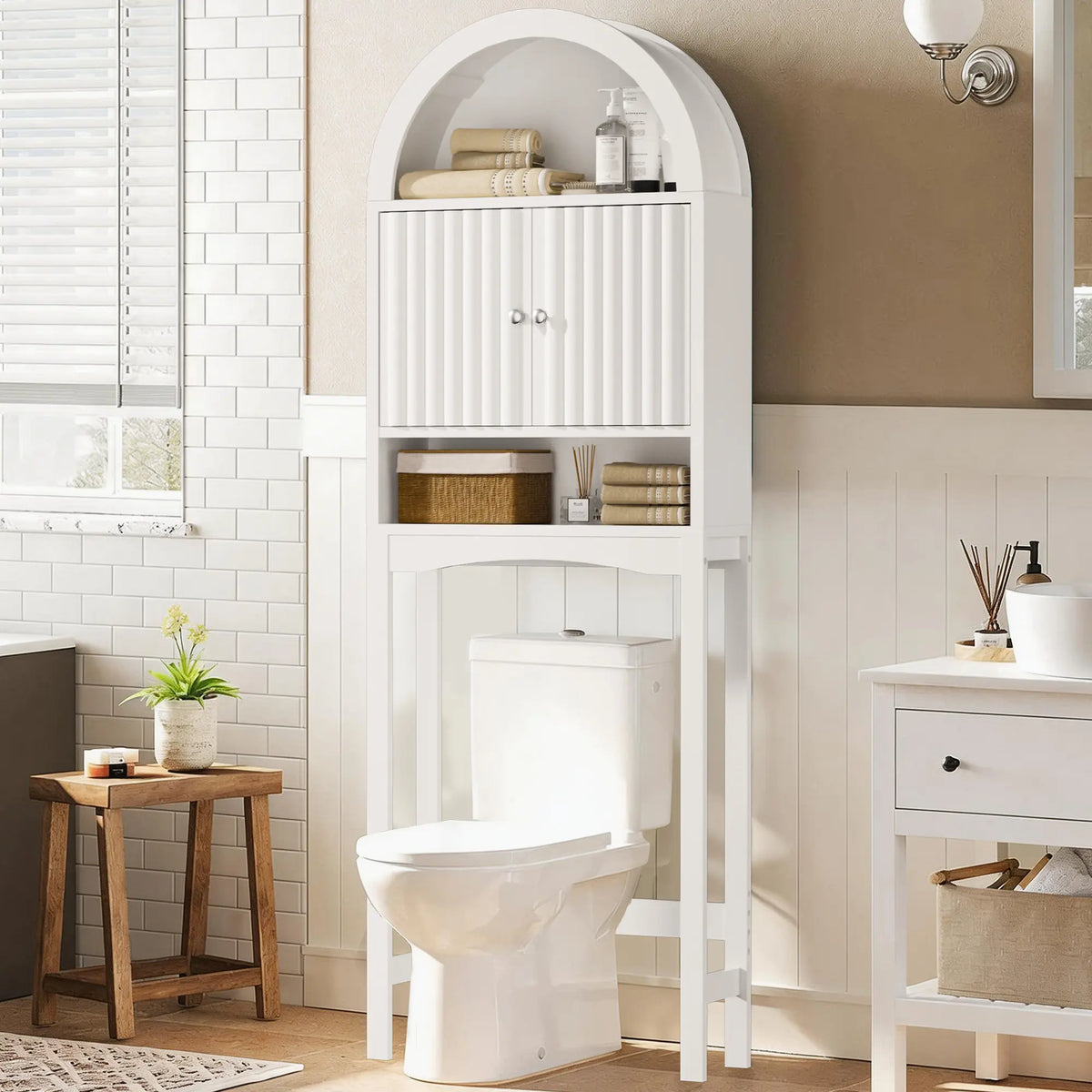 AHB Over-The-Toilet Raised Wall Cabinet - Farmhouse Compact Multifunctional Storage Cabinet with Elegant Arched Design, Adjustable Shelf, Bathroom Storage Organizer,dorm essentials,home decor, #SohoChic
