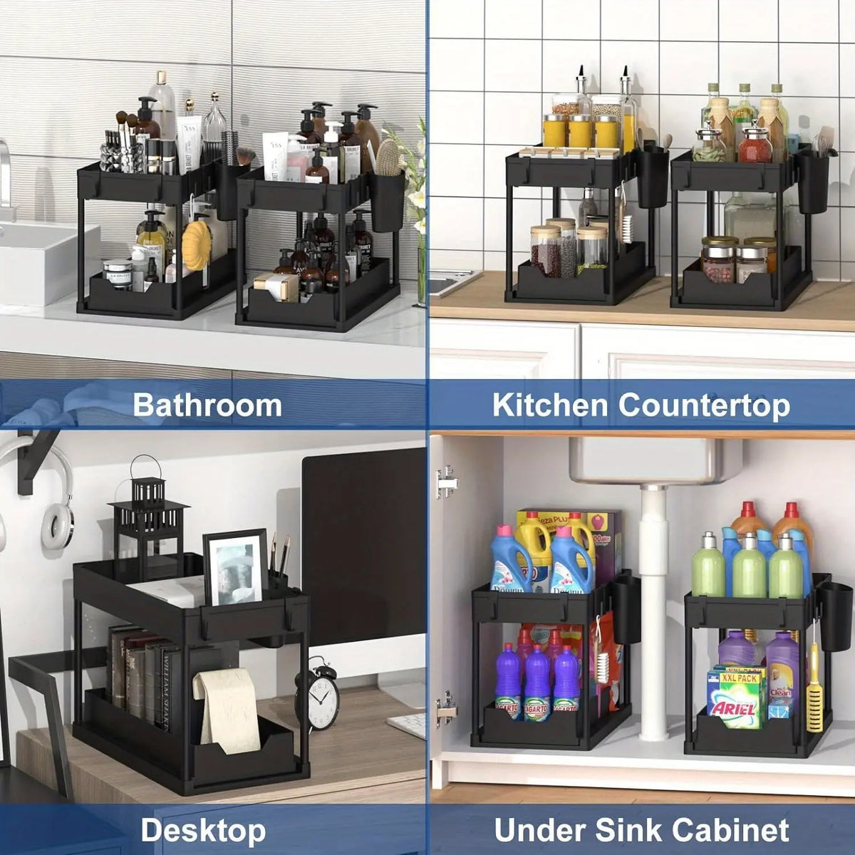 Waterproof Metal Under Sink Organizer, 12.8 in Pull-Out Slide-Out Drawer Shelf, Space-Saving Storage for Kitchen, Bathroom