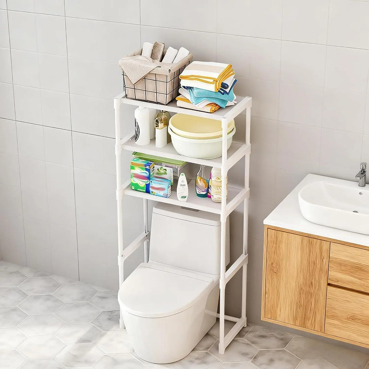 Garvee 3-Tier Over The Toilet Rack, Metal Bathroom Shelves, Over The Toilet Storage, Freestanding Above Toilet Shelf for Bathroom, Laundry, Balcony, Space Saver, White(Toilet not included),sohochic