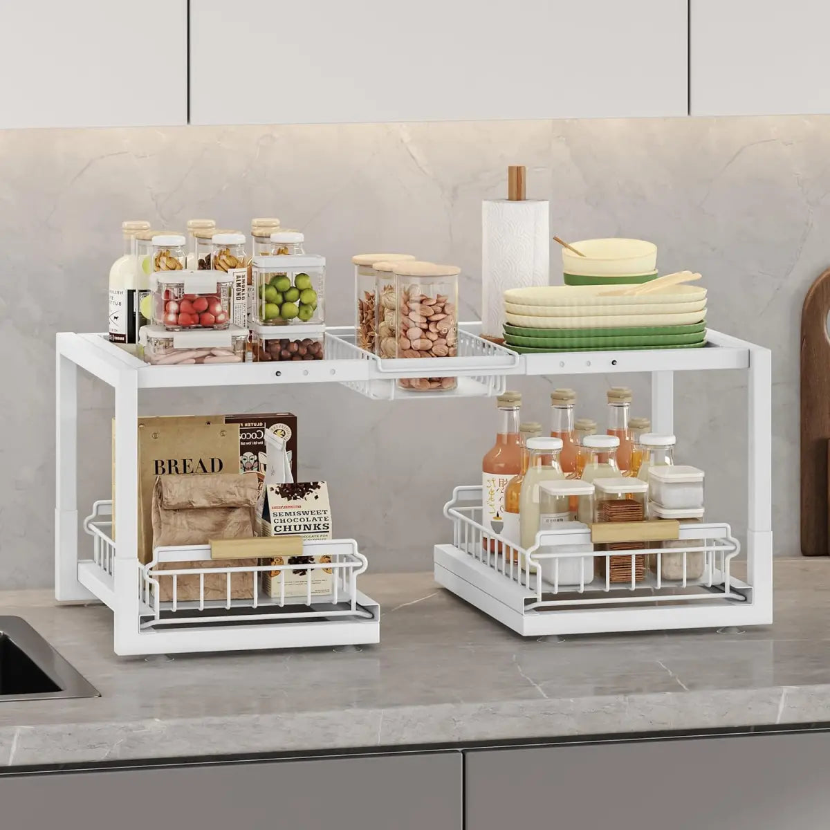 2-Tier Expandable Under Sink Pull-Out Organizer with Sliding Drawers, Kitchen-Bathroom-Laundry Room Storage Rack, Includes Iron Rack, Foot Pads for Tall Bottles