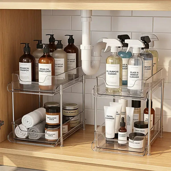 Cesun 2-Pack 2-Tier Stackable Under Sink Storage Organizer Set - Movable Dividers, Silicone Slide Pull-Out Design for Bathroom Vanity & Kitchen Pantry, White Bathroom Accessories, Vanity & Apartment Organizer Storage