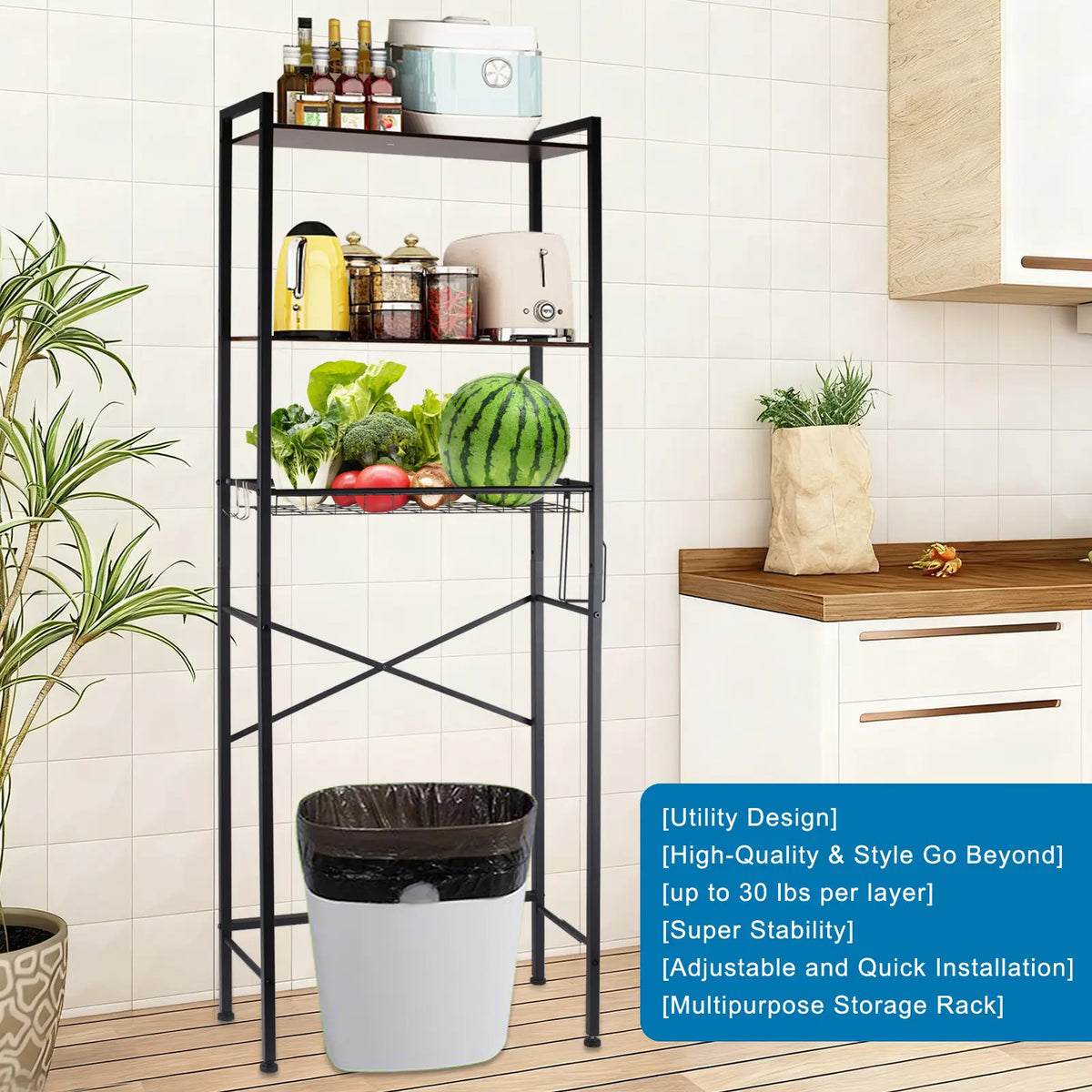 3-Tier Over-The-Toilet Organizer Shelves - 3tier Quick Access Space Saver Rack with Toilet Paper Holder, Hooks, Adjustable Design for Indoor Home Bathroom Storage Solution
