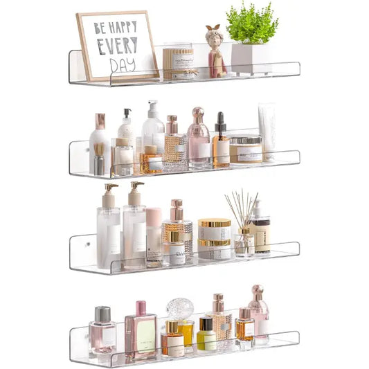 Acrylic Shelves for Bathroom Storage, 15" Floating Shelves Wall Organizer for Perfume, Make up, Skincare, Kids Bookshelf for Bedroom, Nursery, Living Room Decor, Clear, 4 Pack