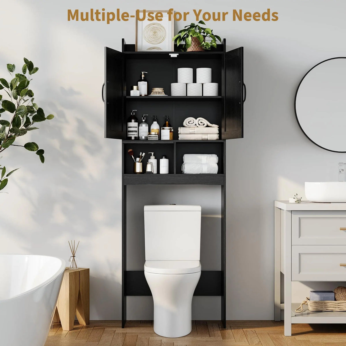 GARVEE Over the Toilet Storage Cabinet - Bathroom Indoor Furniture Organizer with Anti-Tip Device, Adjustable Shelf (Black), Over Toilet Storage,sohochic
