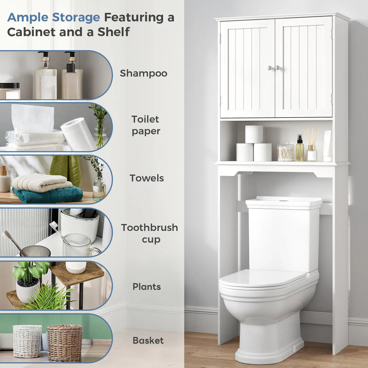 Sweetcrispy Over the Toilet Storage Cabinet, Bathroom Storage Cabinet Over Toilet with Double Doors and Adjustable Shelf, Freestanding Toilet Rack for Bathroom,White, Black