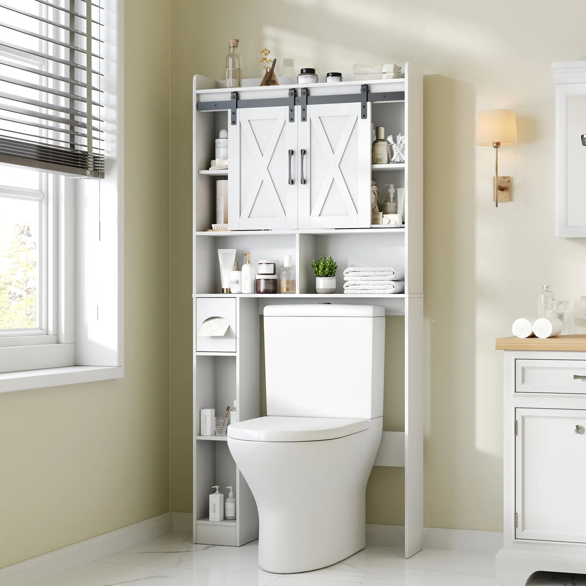 [SohoChic] Vabches Farmhouse Over-The-Toilet Wood Storage Cabinet with Sliding Doors, Adjustable Shelves, Space-Saving Rack for Bathroom Toiletries & Decor
