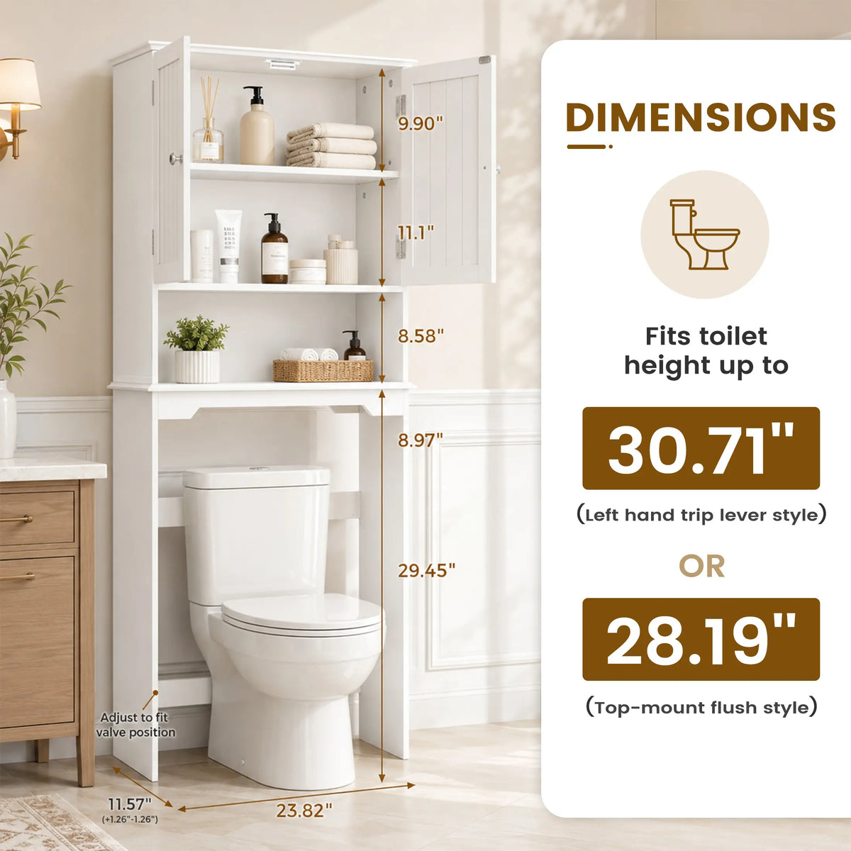 Over the Toilet Storage Cabinet, Bathroom Storage Cabinet Over Toilet with Double Doors and Adjustable Shelf, Freestanding Toilet Rack for Bathroom